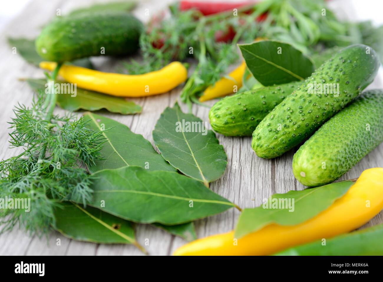 Cucumbers and spices prepared for canning Stock Photo Alamy