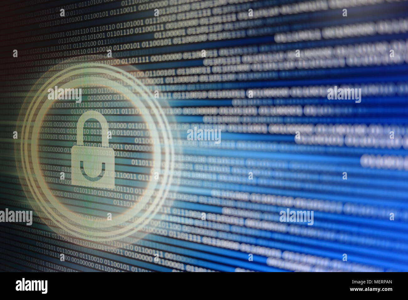 padlock icon on LED computer display screen with binary code moving in the background. password and data privacy protection in internet data transfer Stock Photo