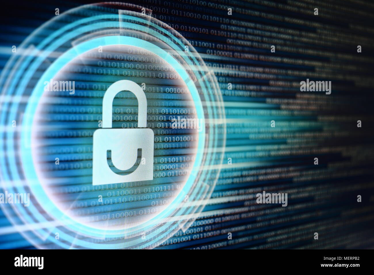 padlock icon on LED computer display screen with binary code moving in the background. password and data privacy protection in internet data transfer Stock Photo