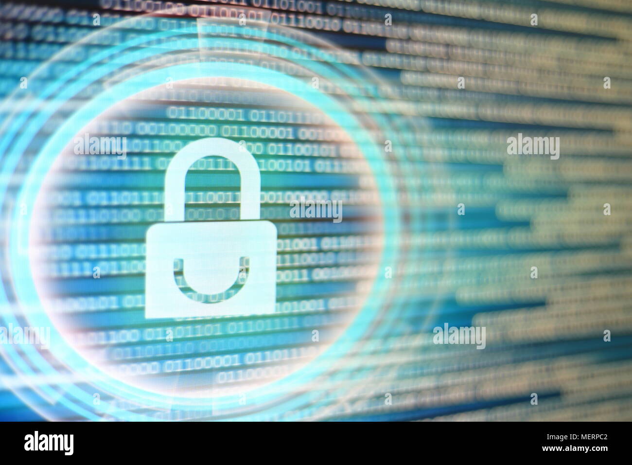 padlock icon on LED computer display screen with binary code moving in the background. password and data privacy protection in internet data transfer Stock Photo