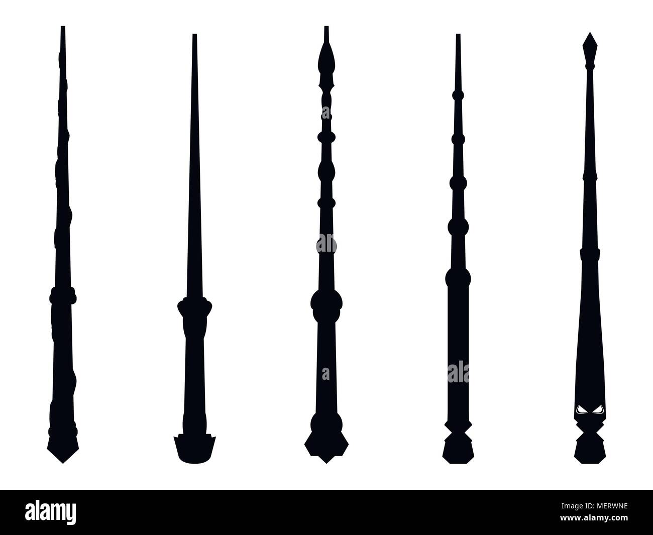 Magic wands set. Wizard tool. Wooden stick collection. Black contour isolated on white background. Vector illustration Stock Vector