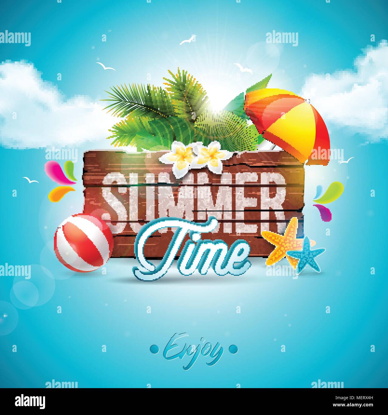 Free Vector  Summer time text on illustrated beach