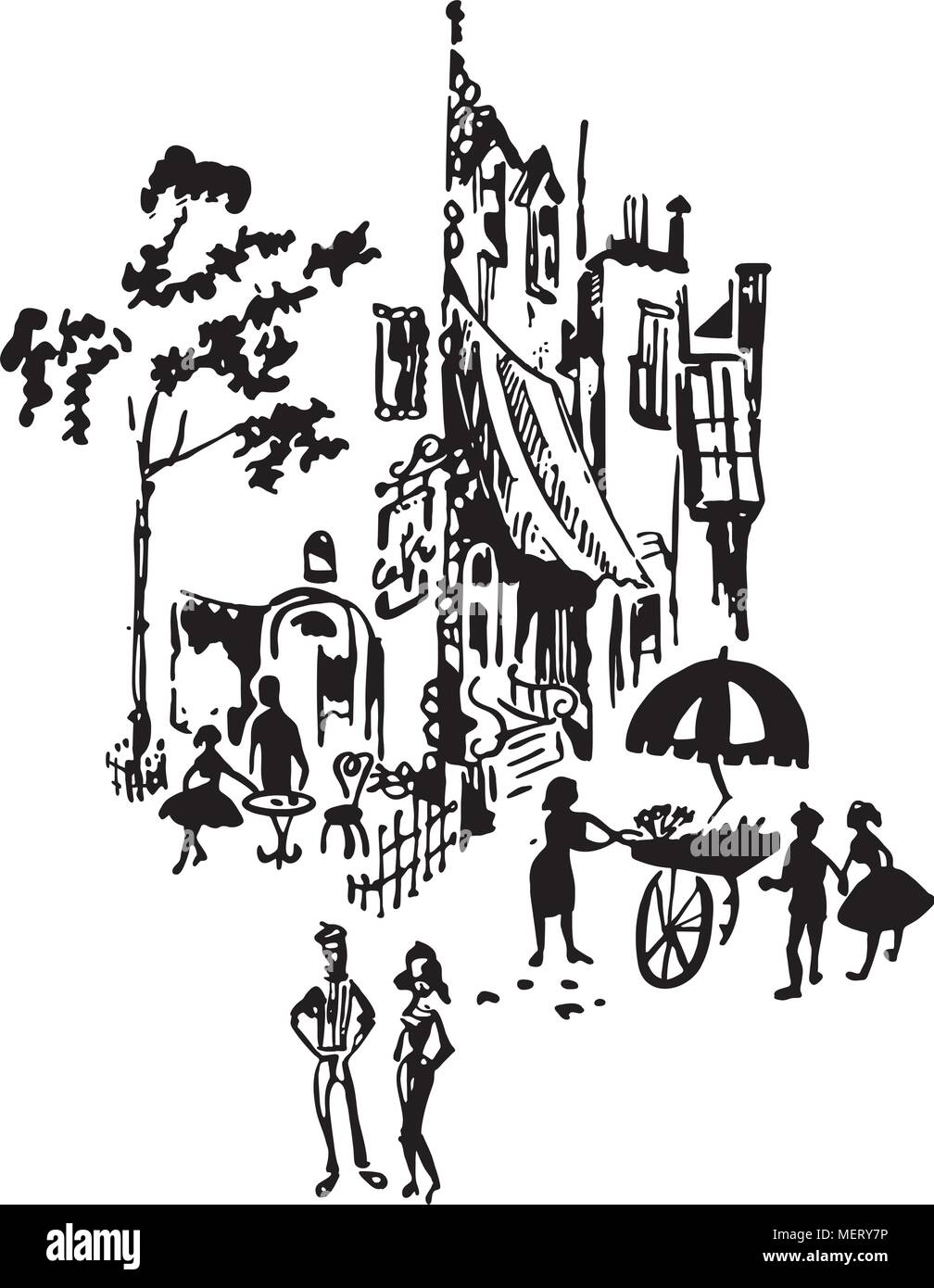 French Street Scene - Retro Clipart Illustration Stock Vector