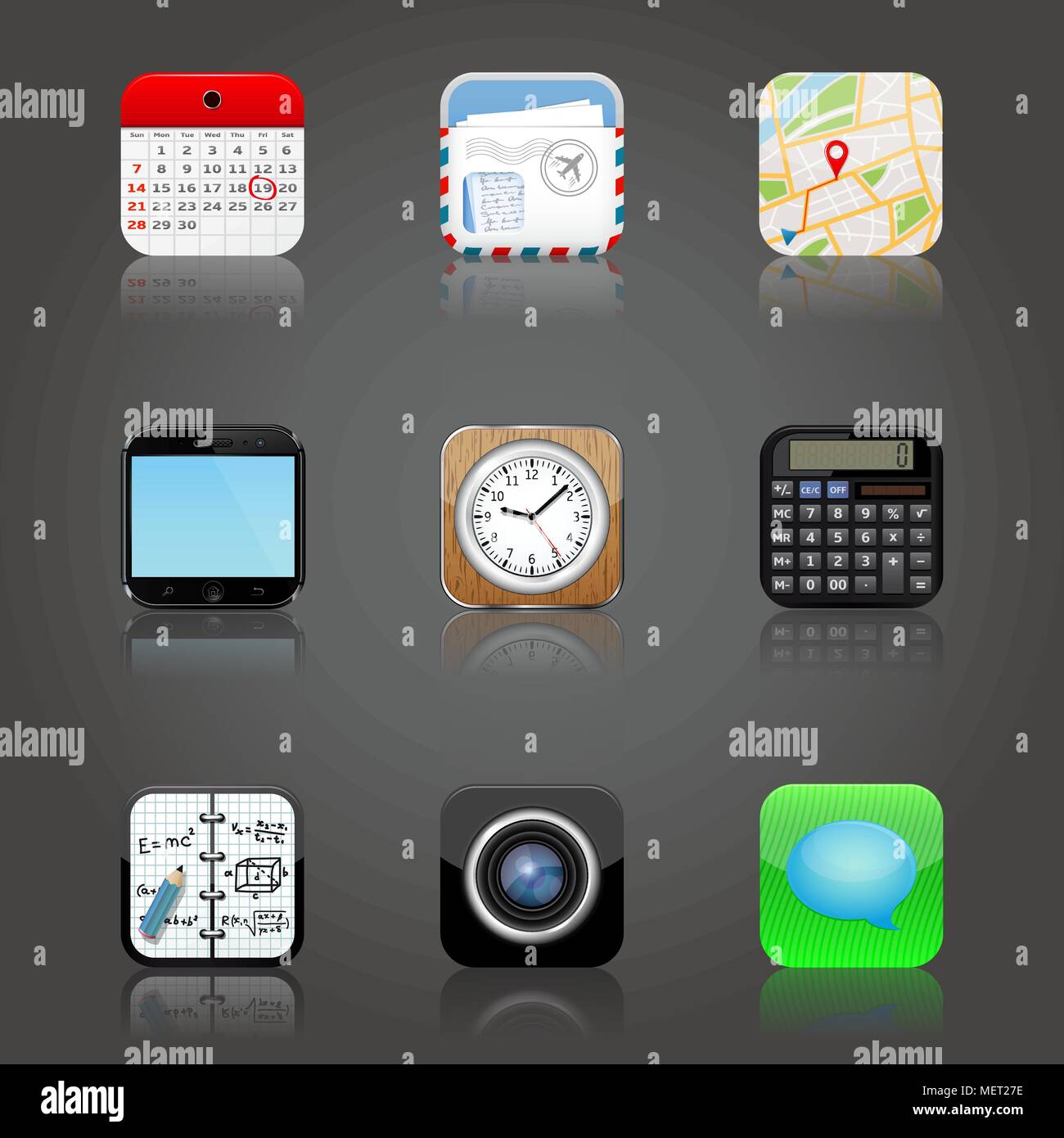 Apps icons set with reflection Stock Vector