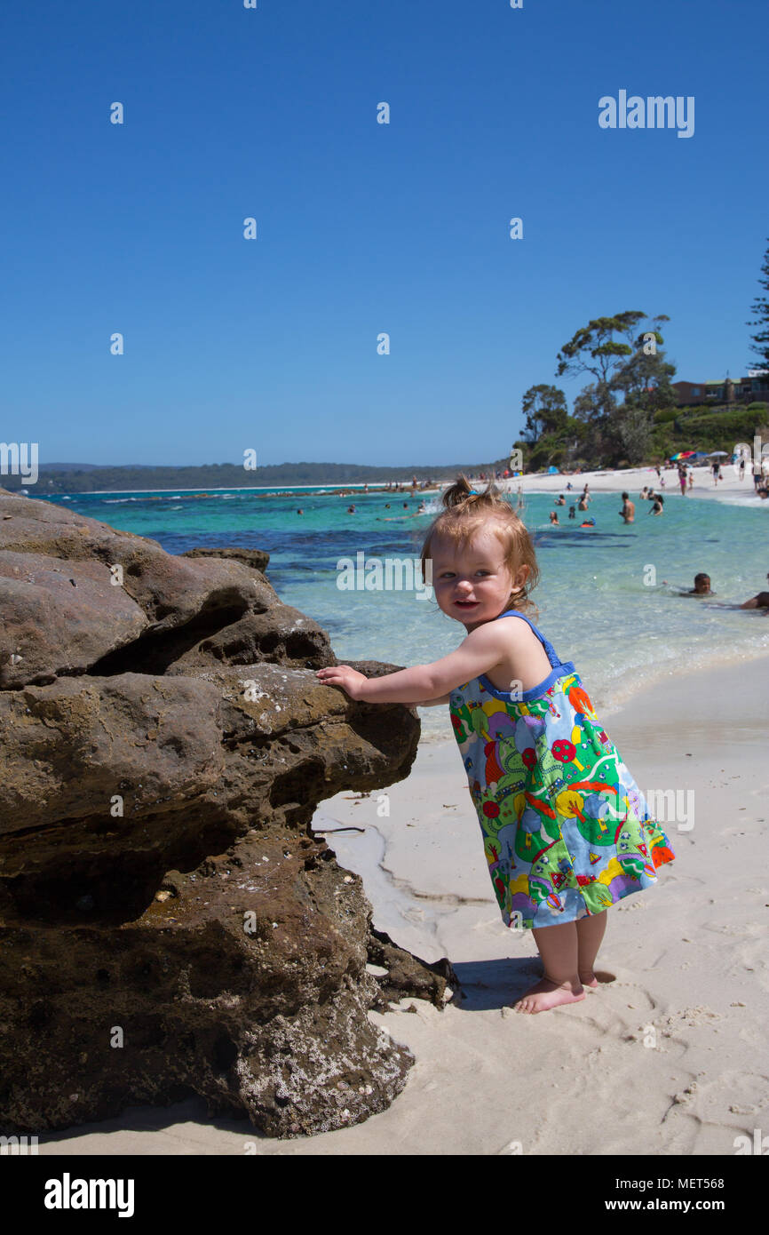 Toddler Playing On Beach In Huskisson Jervis Bay Australia Stock