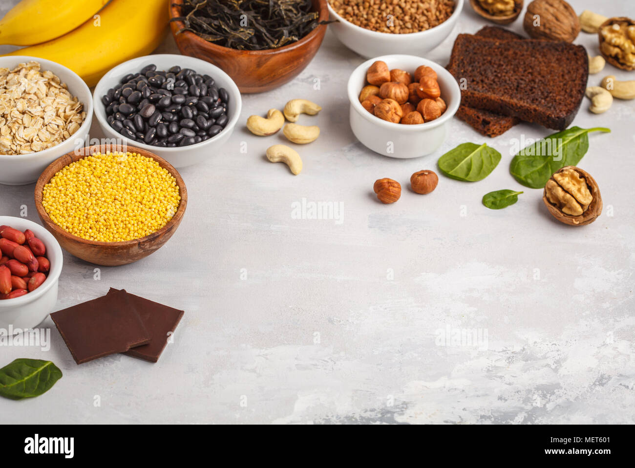 Healthy food nutrition dieting concept. Assortment of high magnesium