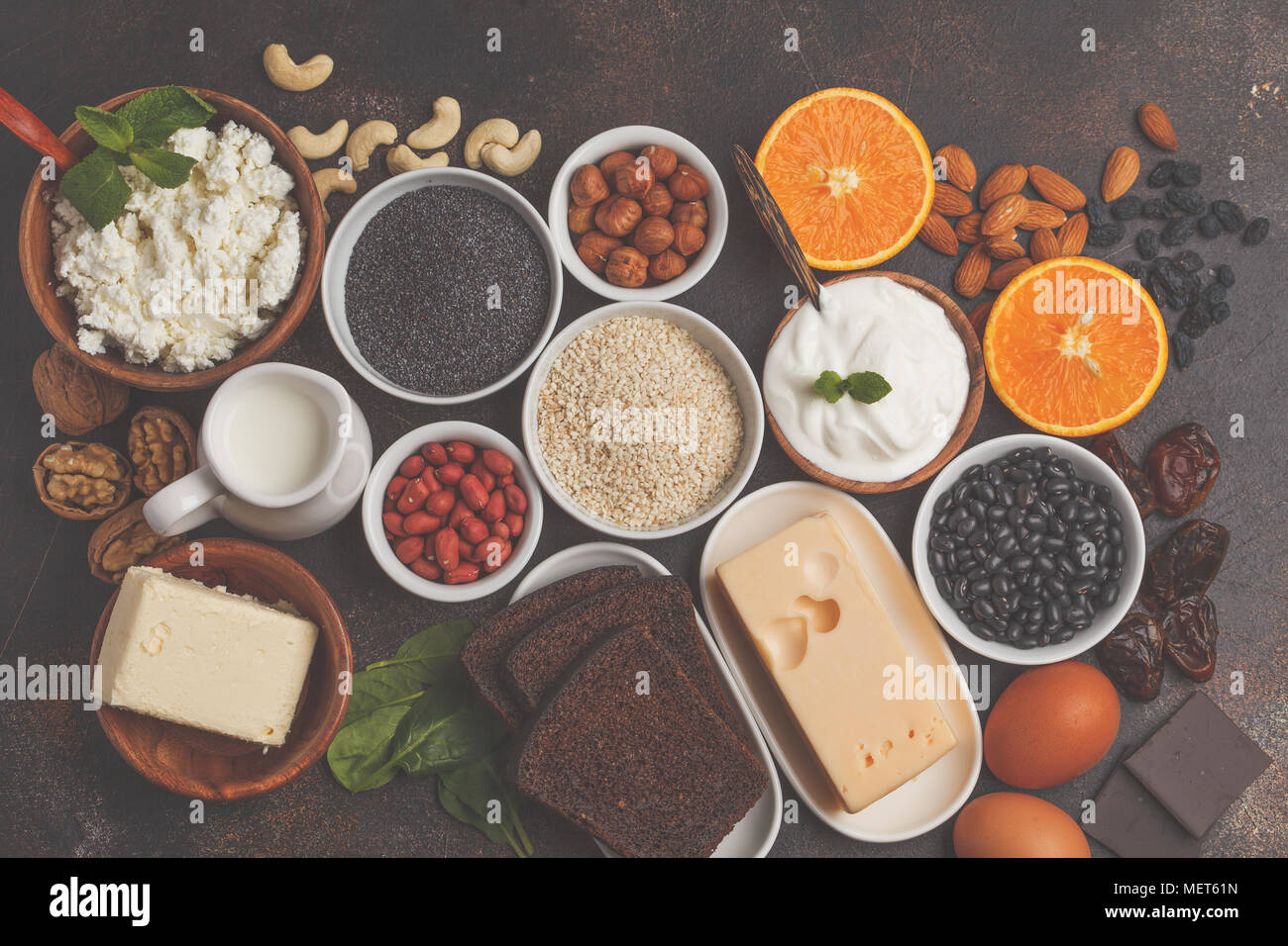 Healthy food nutrition dieting concept. Assortment of high calcium