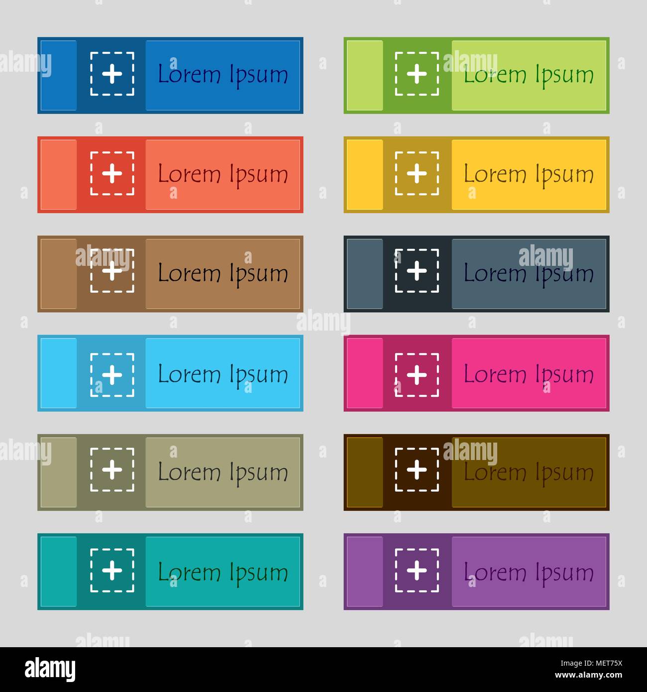 Plus in square icon sign. Set of twelve rectangular, colorful ...