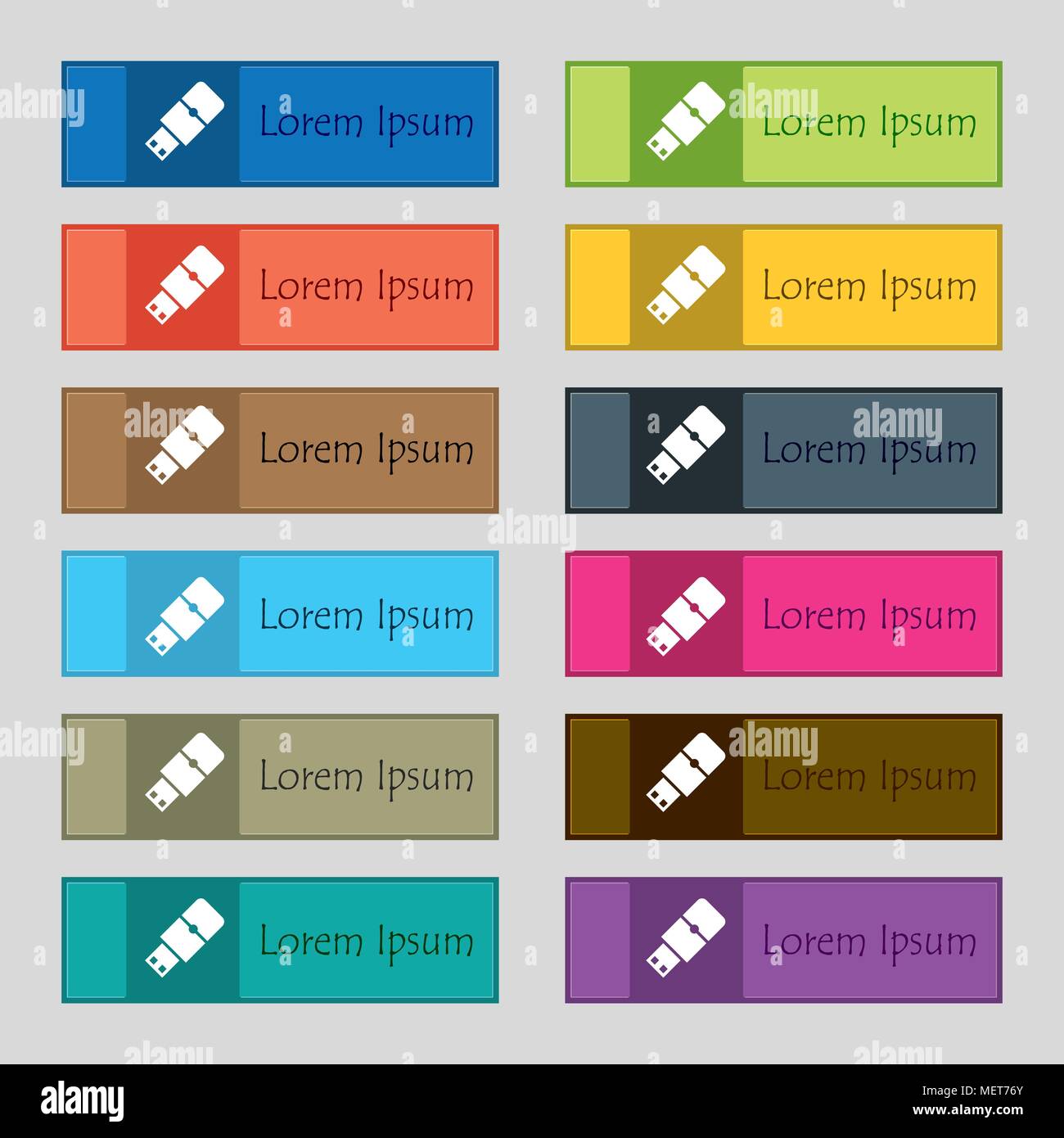 USB flash icon sign. Set of twelve rectangular, colorful, beautiful ...