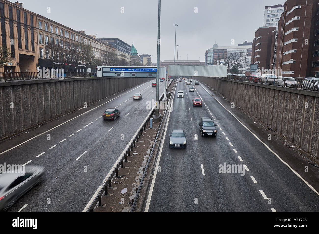 UK motorway signs on overhead gantry - junction 17 of the M8 Glasgow Scotland Stock Photo