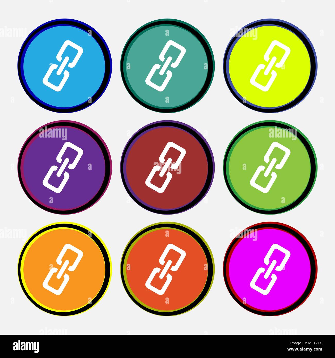 link icon sign. Nine multi colored round buttons. Vector illustration Stock Vector