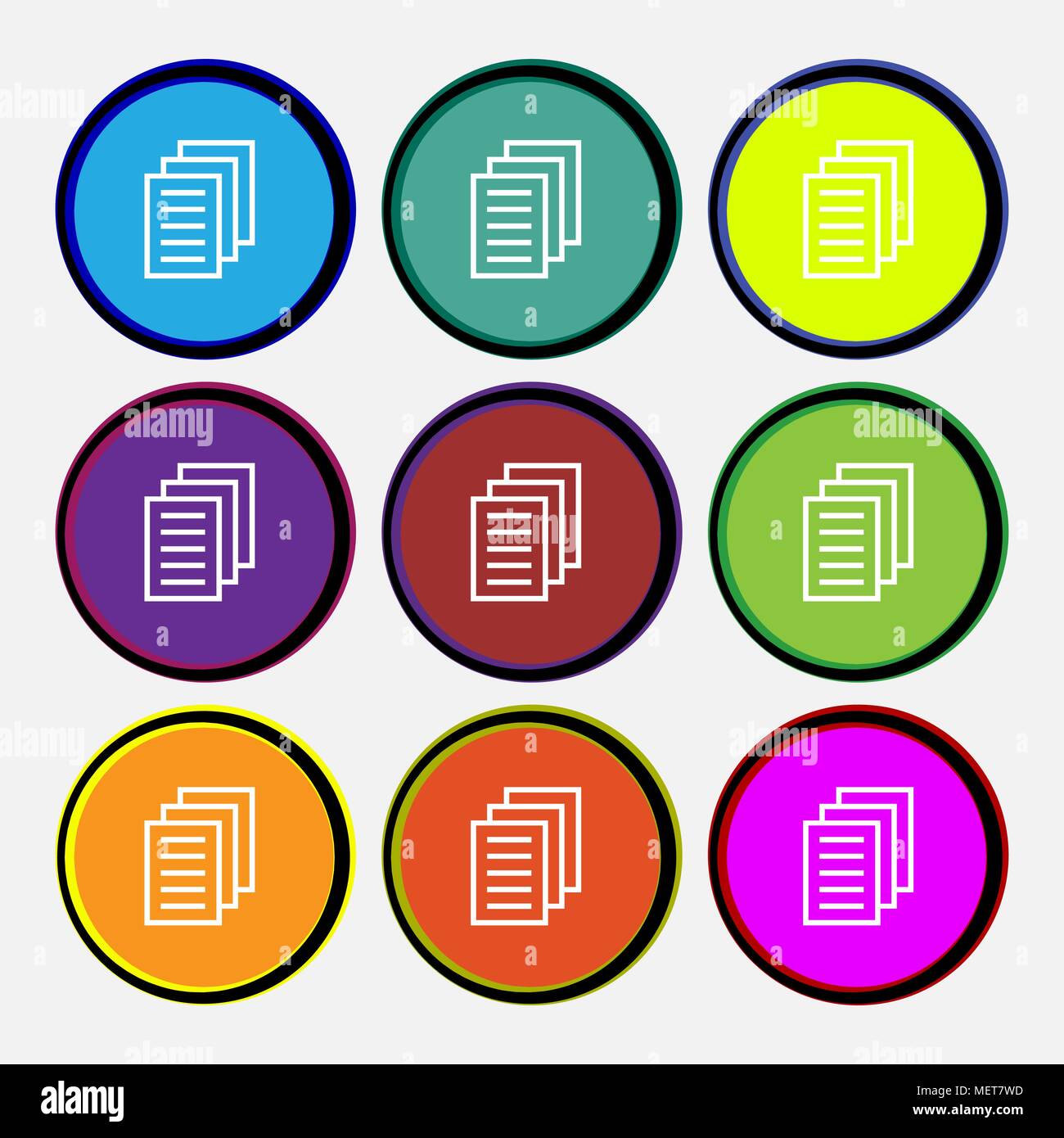 Copy file, Duplicate document icon sign. Nine multi colored round buttons. Vector illustration Stock Vector