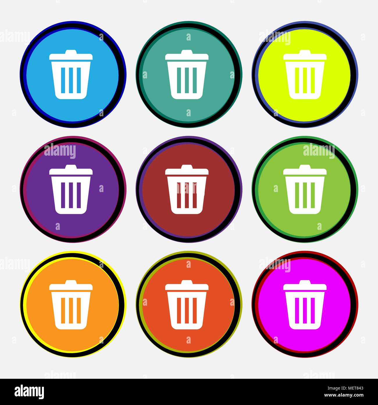 Bin  icon sign. Nine multi colored round buttons. Vector illustration Stock Vector