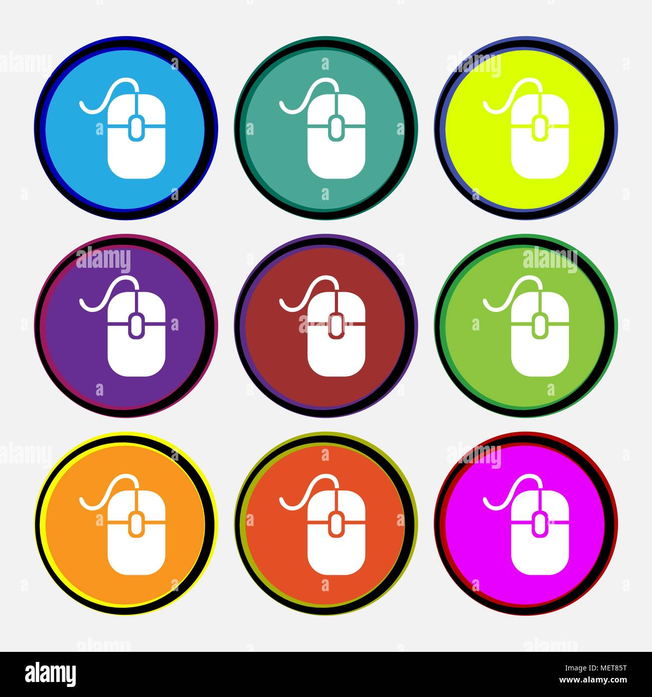Computer mouse icon sign. Nine multi colored round buttons. Vector illustration Stock Vector