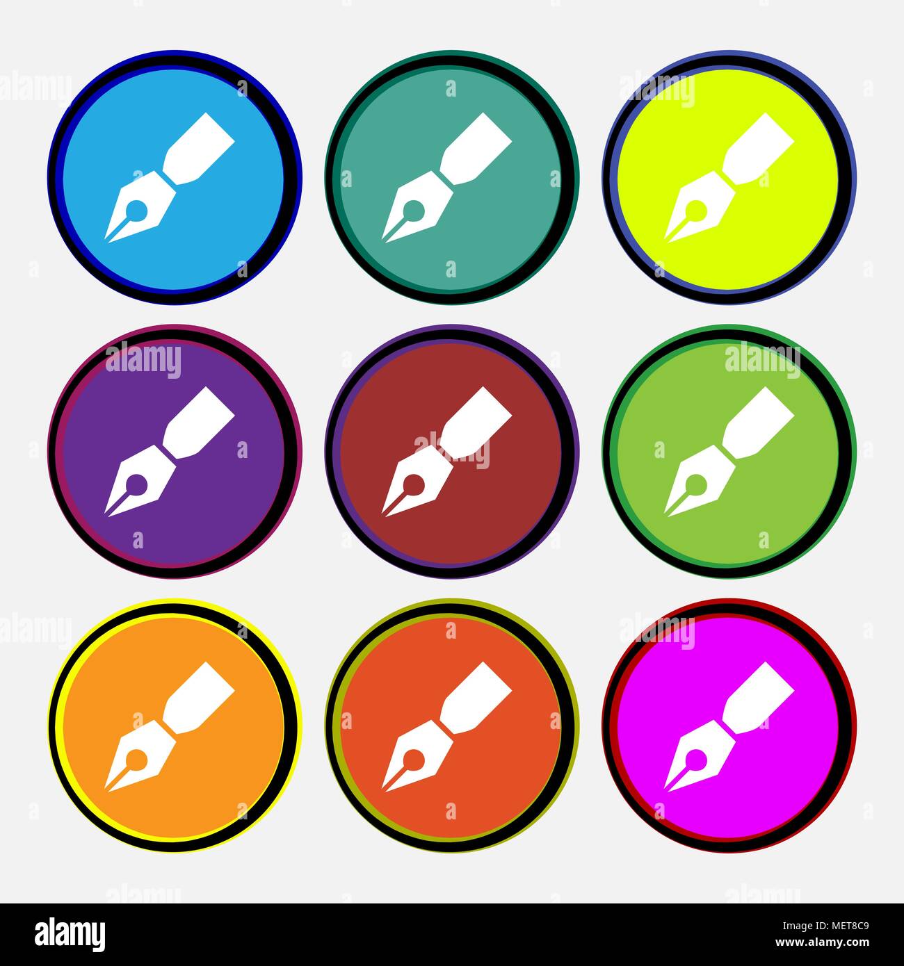 Pen icon sign. Nine multi colored round buttons. Vector illustration Stock Vector
