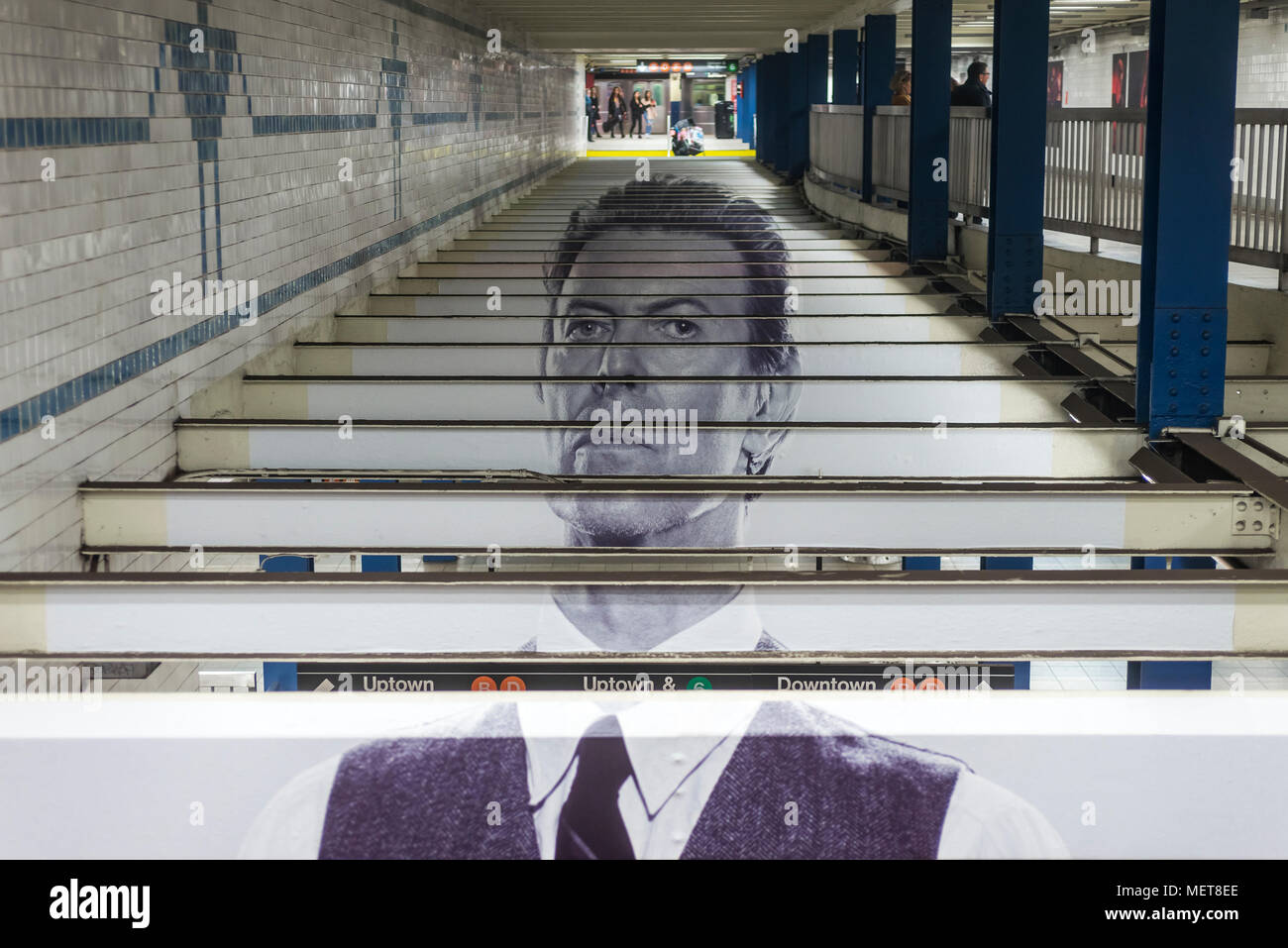 New York, USA. 121 April, 2018. Image of David Bowie on the crpss beams at the Broadway-Lafayette subway station.  The installation, sponsorsed  by Spotify, is being held in conjunction with the exhibition 'David Bowie IS' at the Brooklyn. The subway installation is just blocks from where the late rock star lived in Soho. The art will be on display until mid May. ©Stacy Walsh Rosenstock Stock Photo