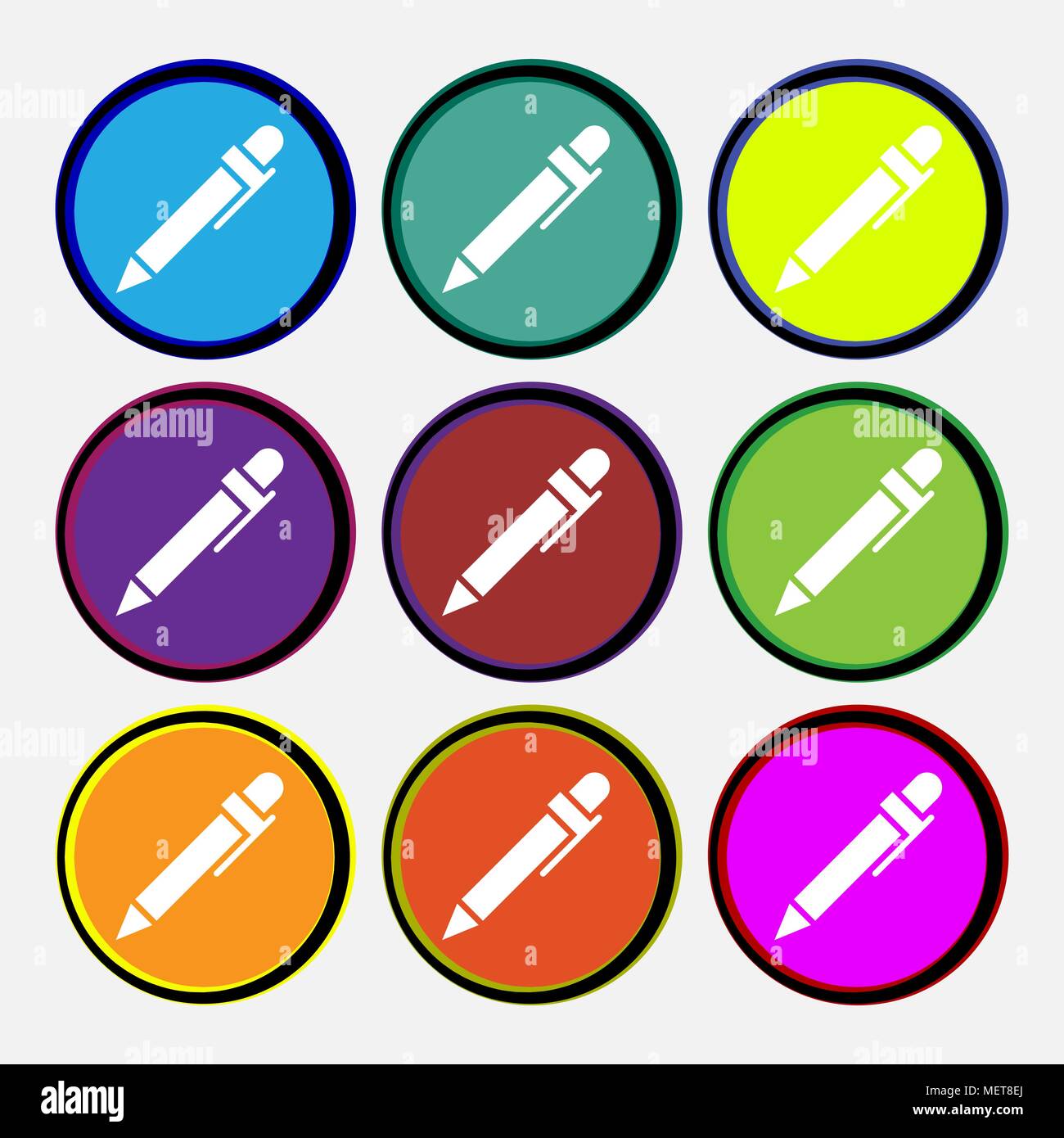 pen icon sign. Nine multi colored round buttons. Vector illustration Stock Vector