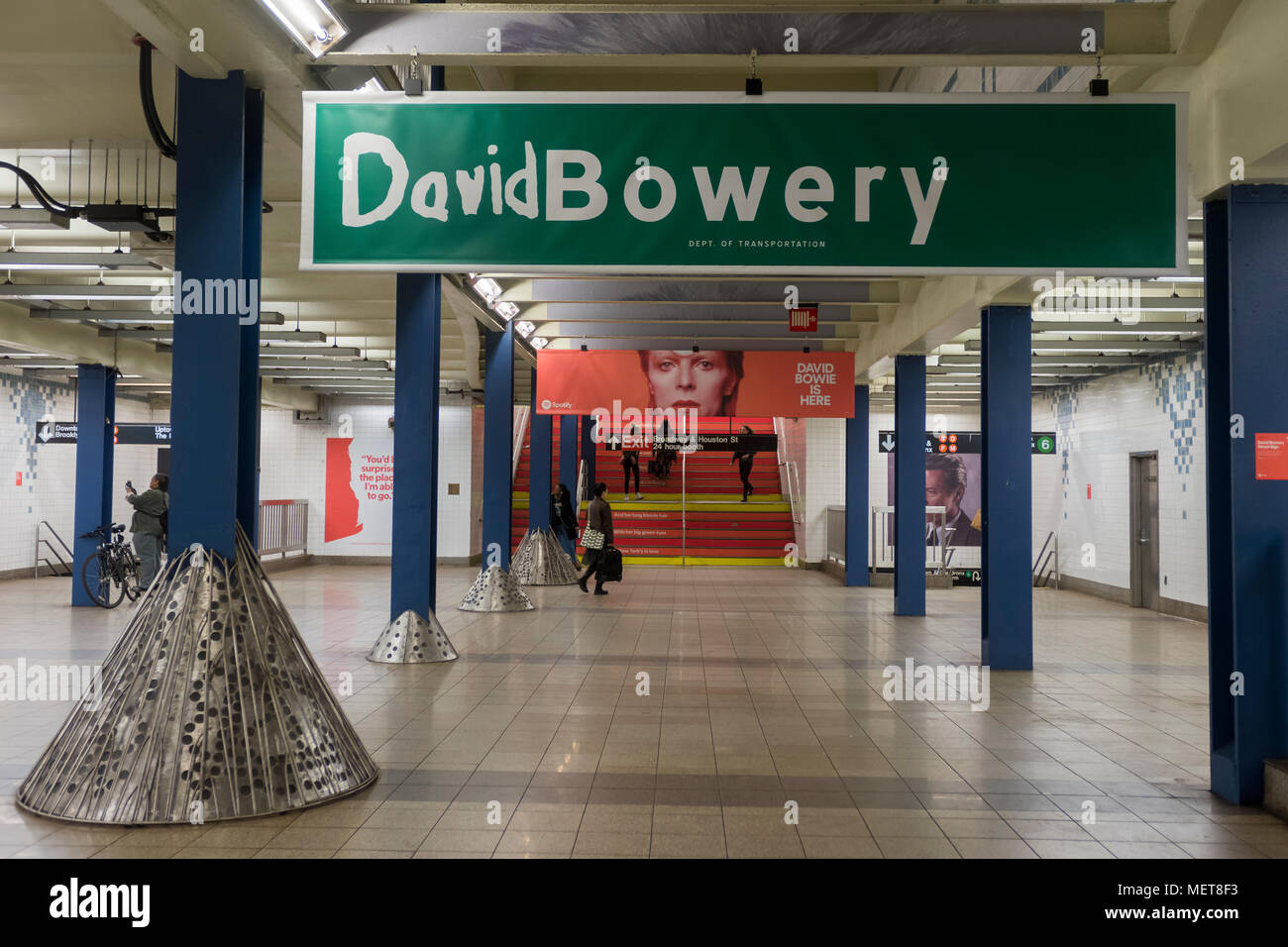 New York, USA. 121 April, 2018. Images of David Bowie on the mezzanine level of the Broadway-Lafayette subway station.  The installation, sponsorsed  by Spotify, is being held in conjunction with the exhibition 'David Bowie IS' at the Brooklyn. The subway installation is just blocks from where the late rock star lived in Soho. The art will be on display until mid May. ©Stacy Walsh Rosenstock Stock Photo