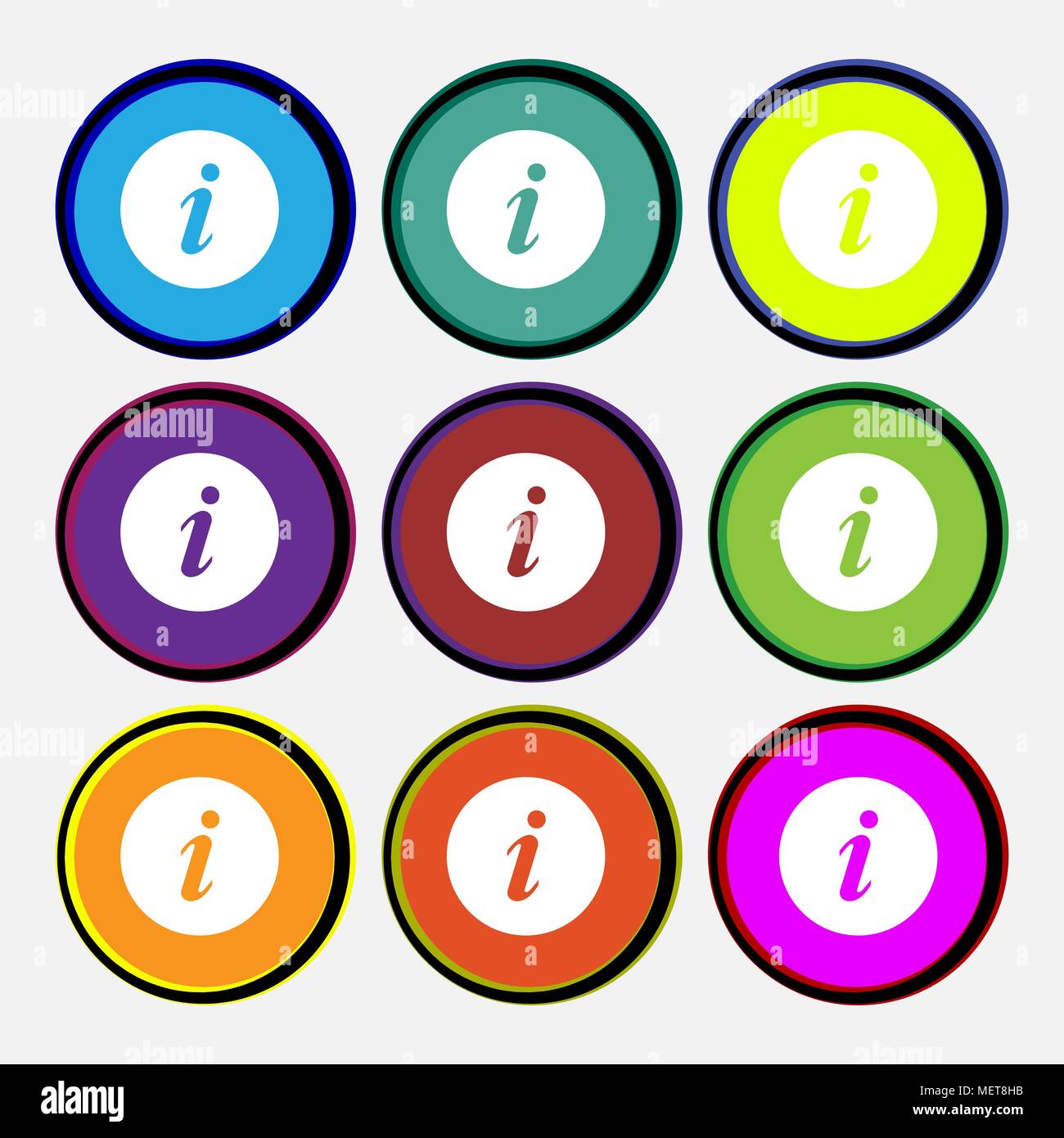 info icon sign. Nine multi colored round buttons. Vector illustration Stock Vector