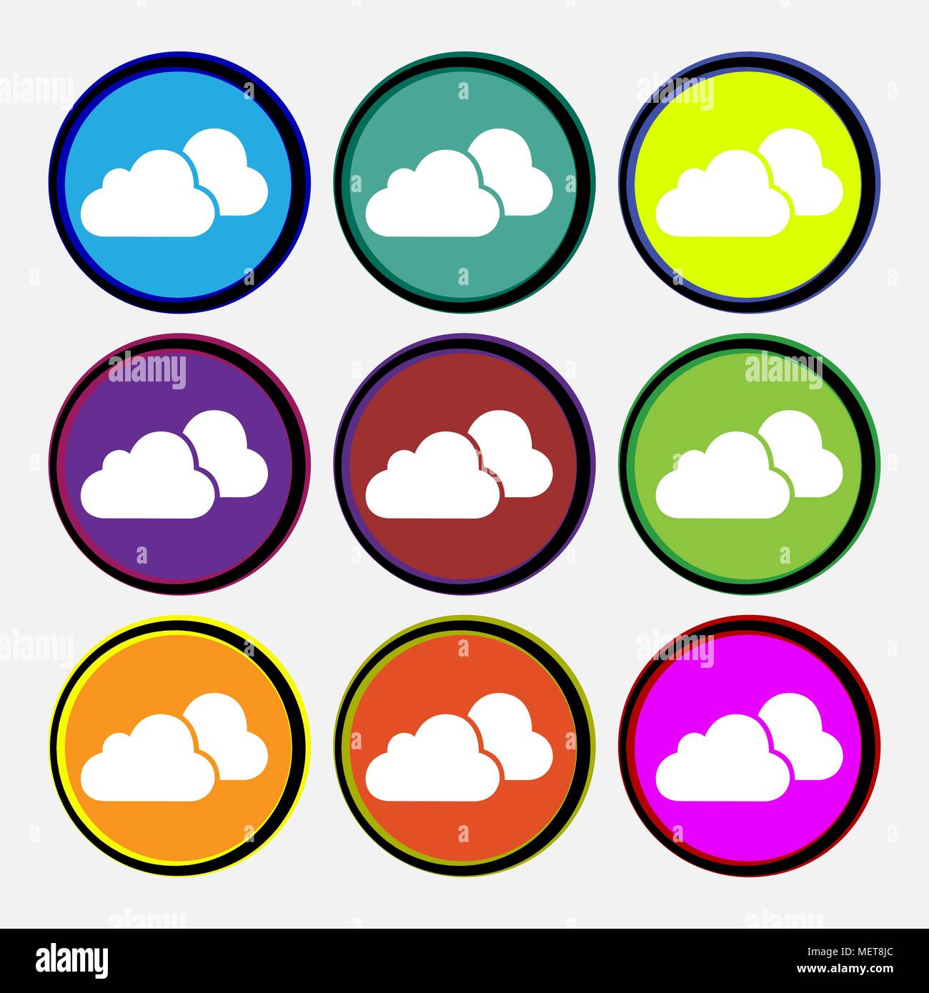 clouds icon sign. Nine multi colored round buttons. Vector illustration Stock Vector