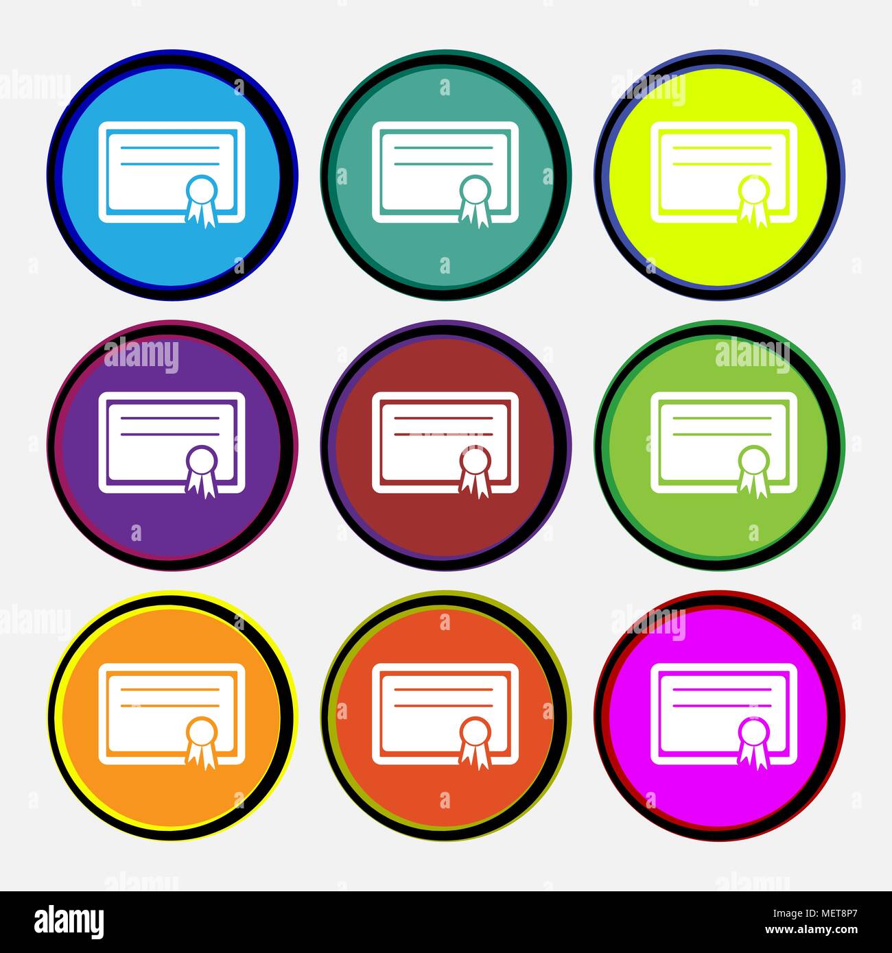 Certificate icon sign. Nine multi colored round buttons. Vector illustration Stock Vector