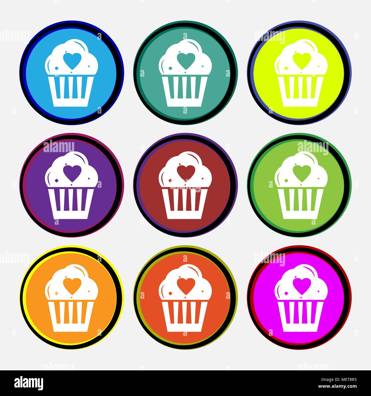 Cute Lovely Cupcake with Heart icon sign. Nine multi colored round buttons. Vector illustration Stock Vector