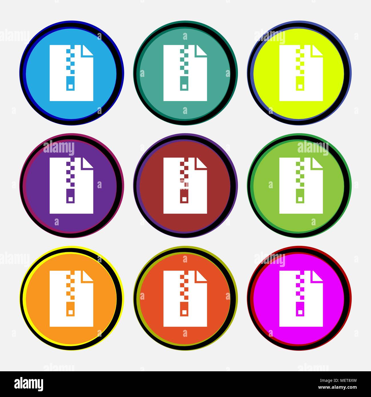 computer zip folder, archive icon sign. Nine multi colored round buttons. Vector illustration Stock Vector