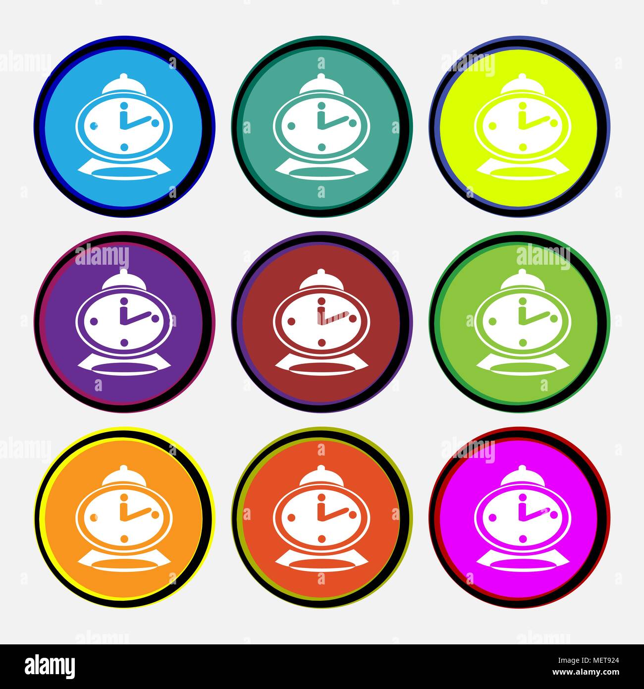 alarm clock icon sign. Nine multi colored round buttons. Vector