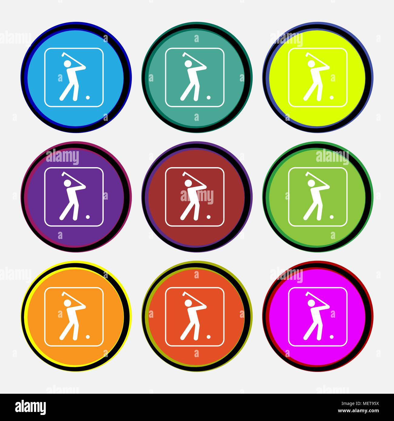 Golf icon sign. Nine multi colored round buttons. Vector illustration Stock Vector
