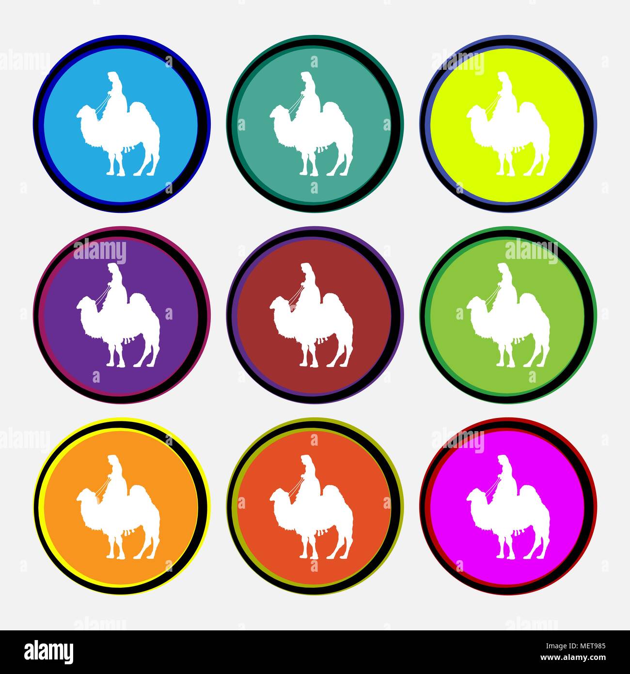 Camel icon sign. Nine multi colored round buttons. Vector illustration Stock Vector