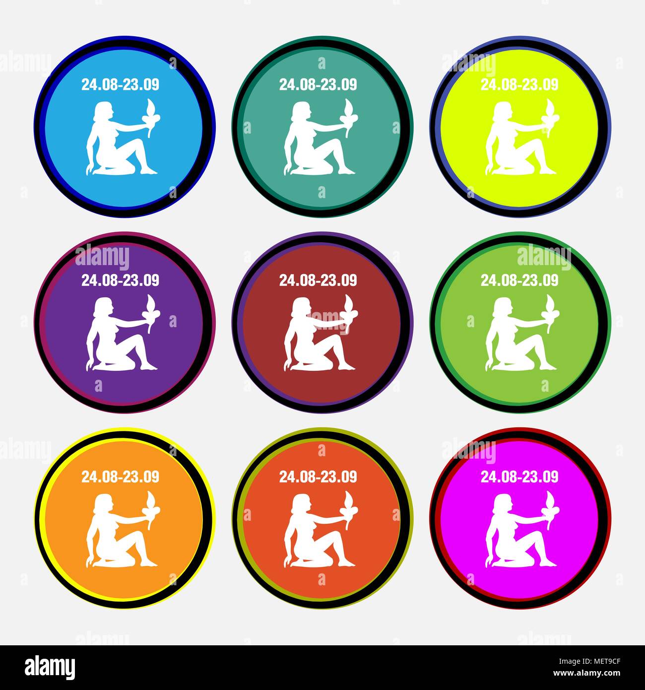 Virgo icon sign. Nine multi colored round buttons. Vector illustration Stock Vector