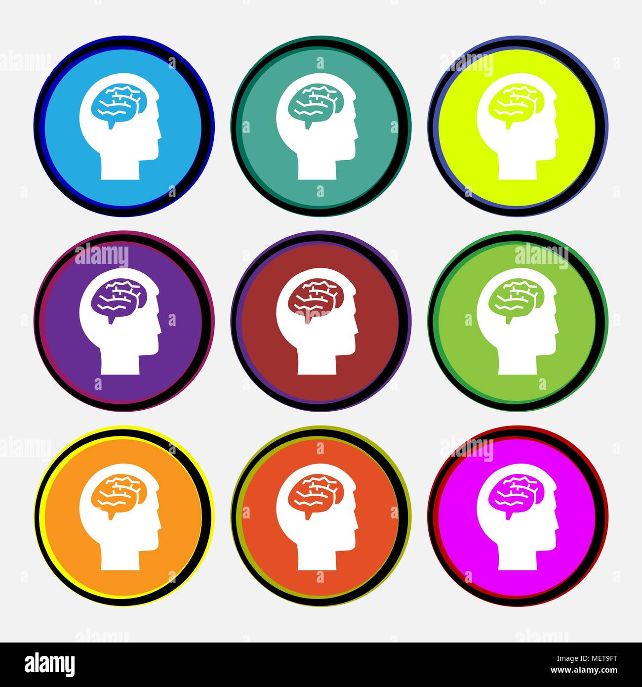 Brain icon sign. Nine multi colored round buttons. Vector illustration Stock Vector