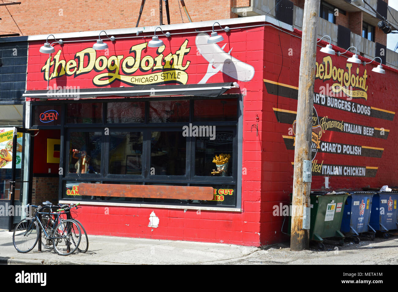 The Dog Joint is a classic hot dog stand on Armitage Ave. near the lake in Chicago's north side Lincoln Park neighborhood. Stock Photo