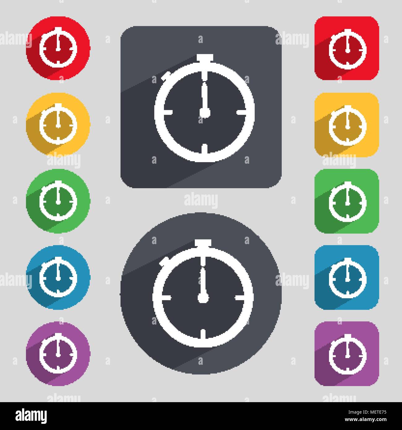 Timer sign icon. Stopwatch symbol. Set of colourful buttons. Vector