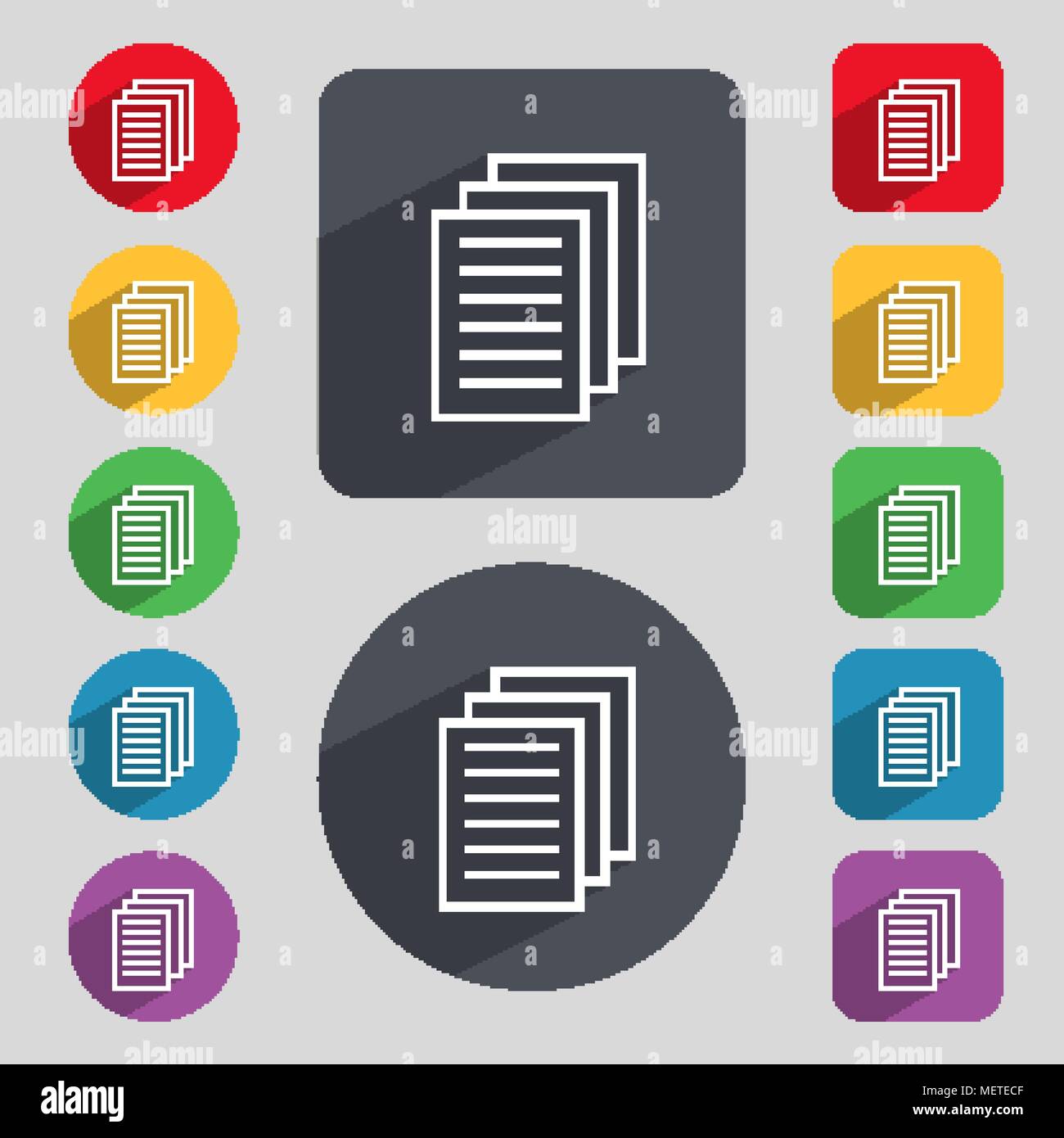 Copy file sign icon. Duplicate document symbol. Set of coloured buttons ...