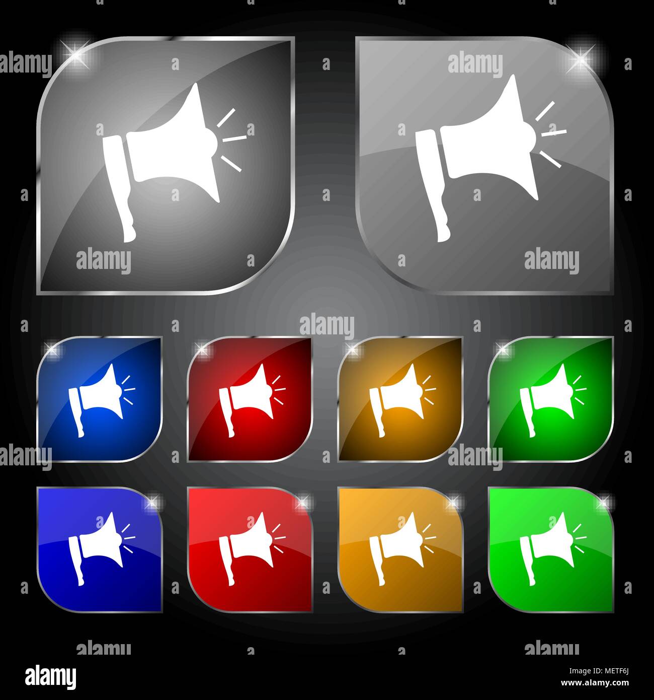 Megaphone soon icon. Loudspeaker symbol. Set colur buttons. Vector ...
