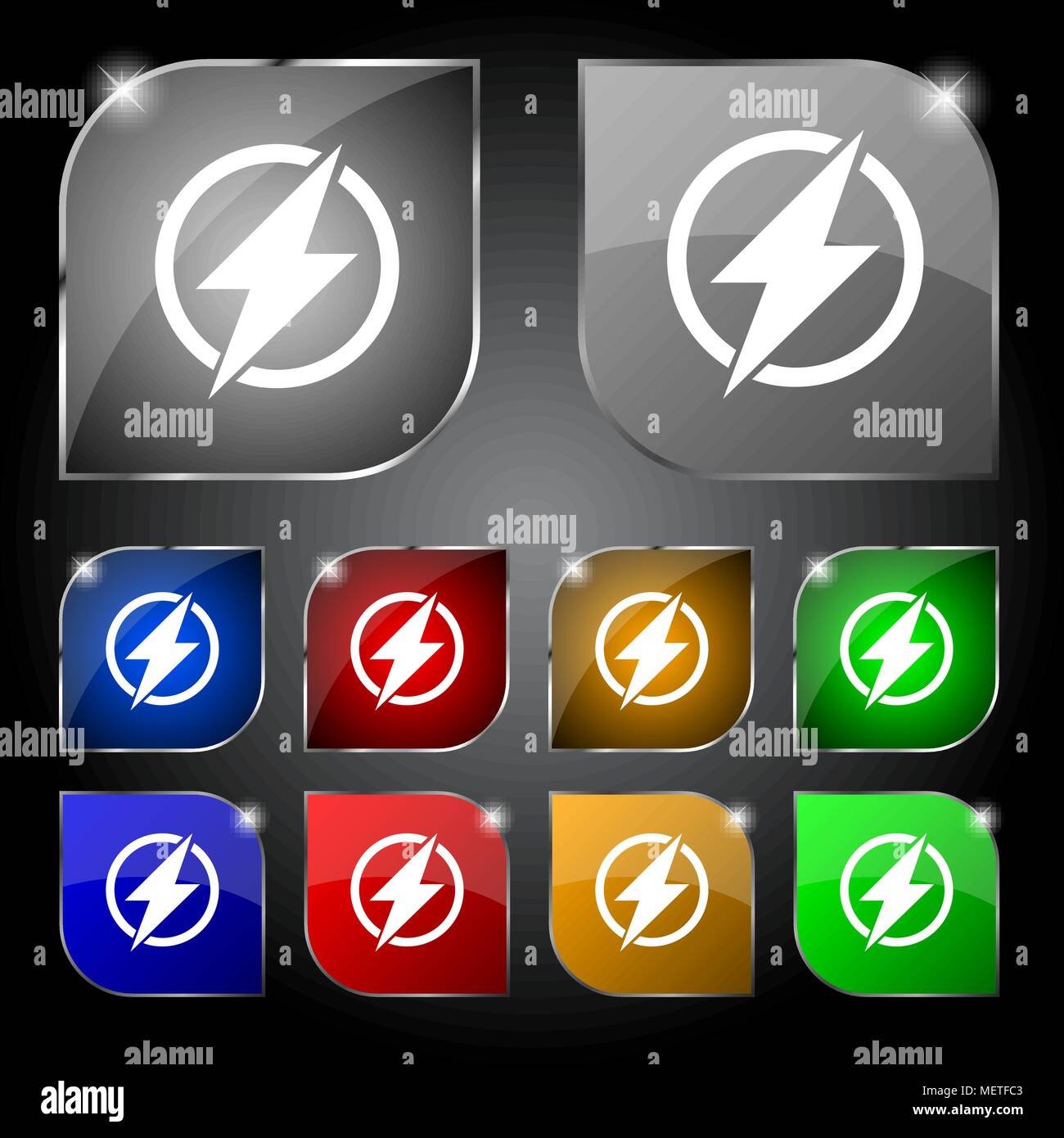 Photo flash sign icon. Lightning symbol. Set of colour buttons. Vector ...
