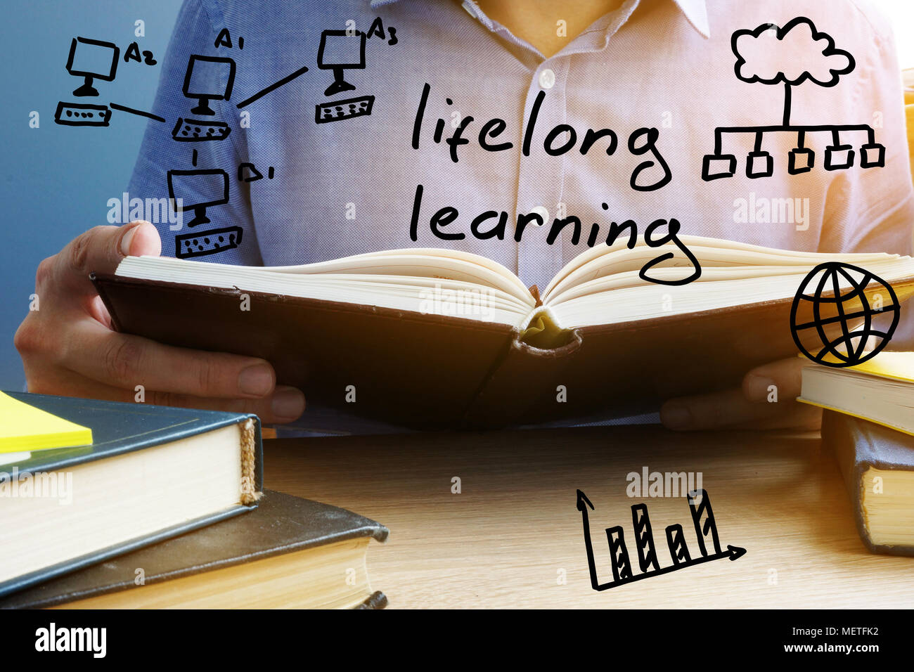 Lifelong learning concept. Man holding and reading the book. Stock Photo