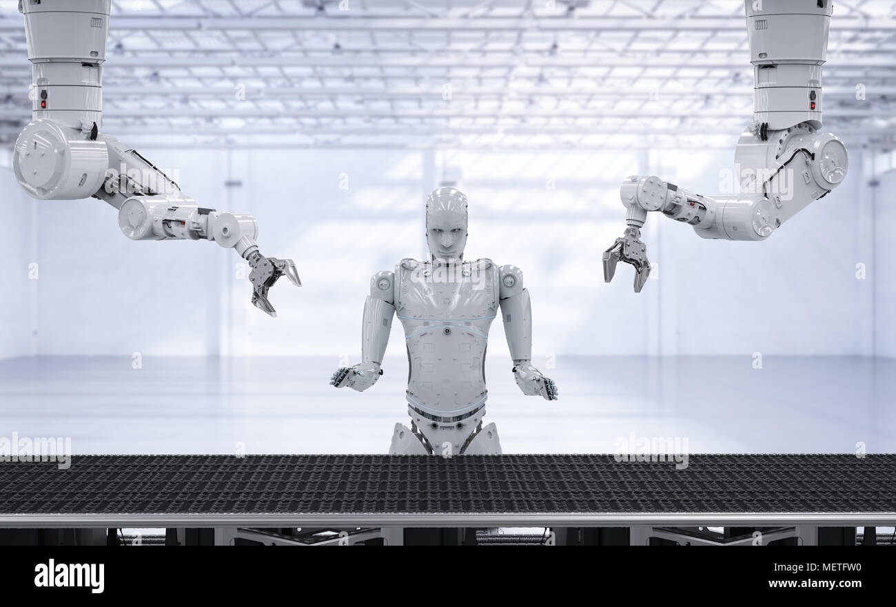 3d rendering robot arms with cyborg and conveyor line in factory Stock ...