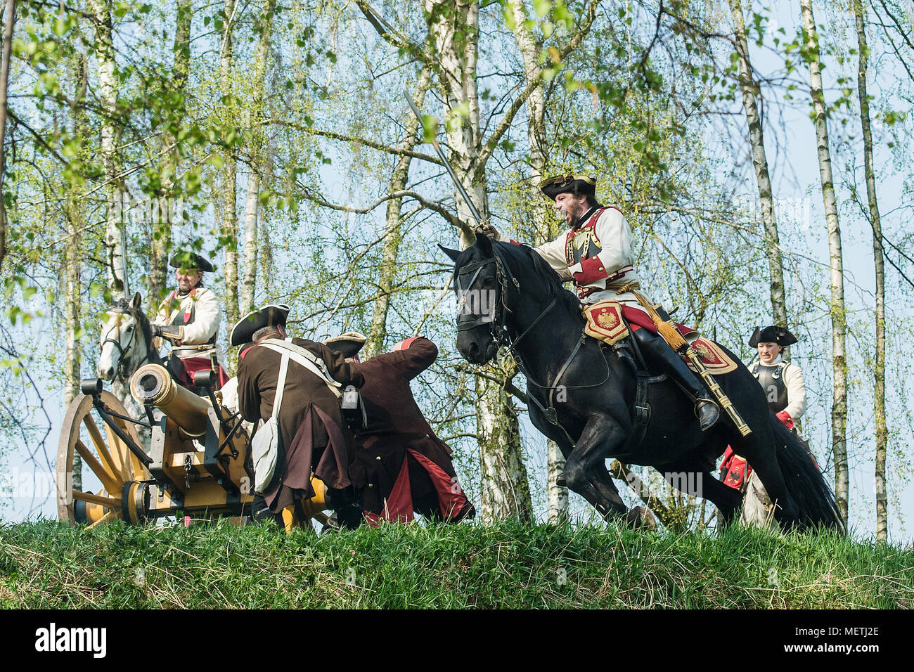 Liberec, Czech Republic. 21st Apr, 2018. Reconstruction of the Battle of Reichenberg, fought on 21 April 1757 within the Third Silesian War, was held in Liberec-Vesec, Czech Republic, on April 21, 2018. Credit: Radek Petrasek/CTK Photo/Alamy Live News Stock Photo
