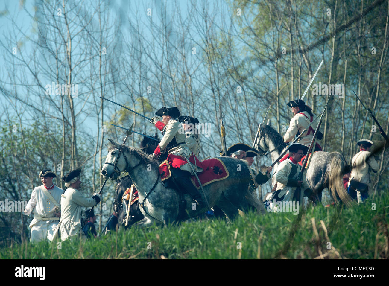 Liberec, Czech Republic. 21st Apr, 2018. Reconstruction of the Battle of Reichenberg, fought on 21 April 1757 within the Third Silesian War, was held in Liberec-Vesec, Czech Republic, on April 21, 2018. Credit: Radek Petrasek/CTK Photo/Alamy Live News Stock Photo