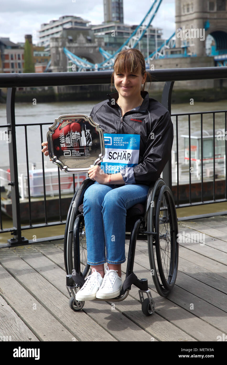 London Uk 23rd April 2018 London Marathon Wheelchair Winner Manuela Schar Attends A Photocall Which Took Place By Tower Bridge As She Posed With Her Trophy Credit Keith Larby Alamy Live News Stock Photo Alamy