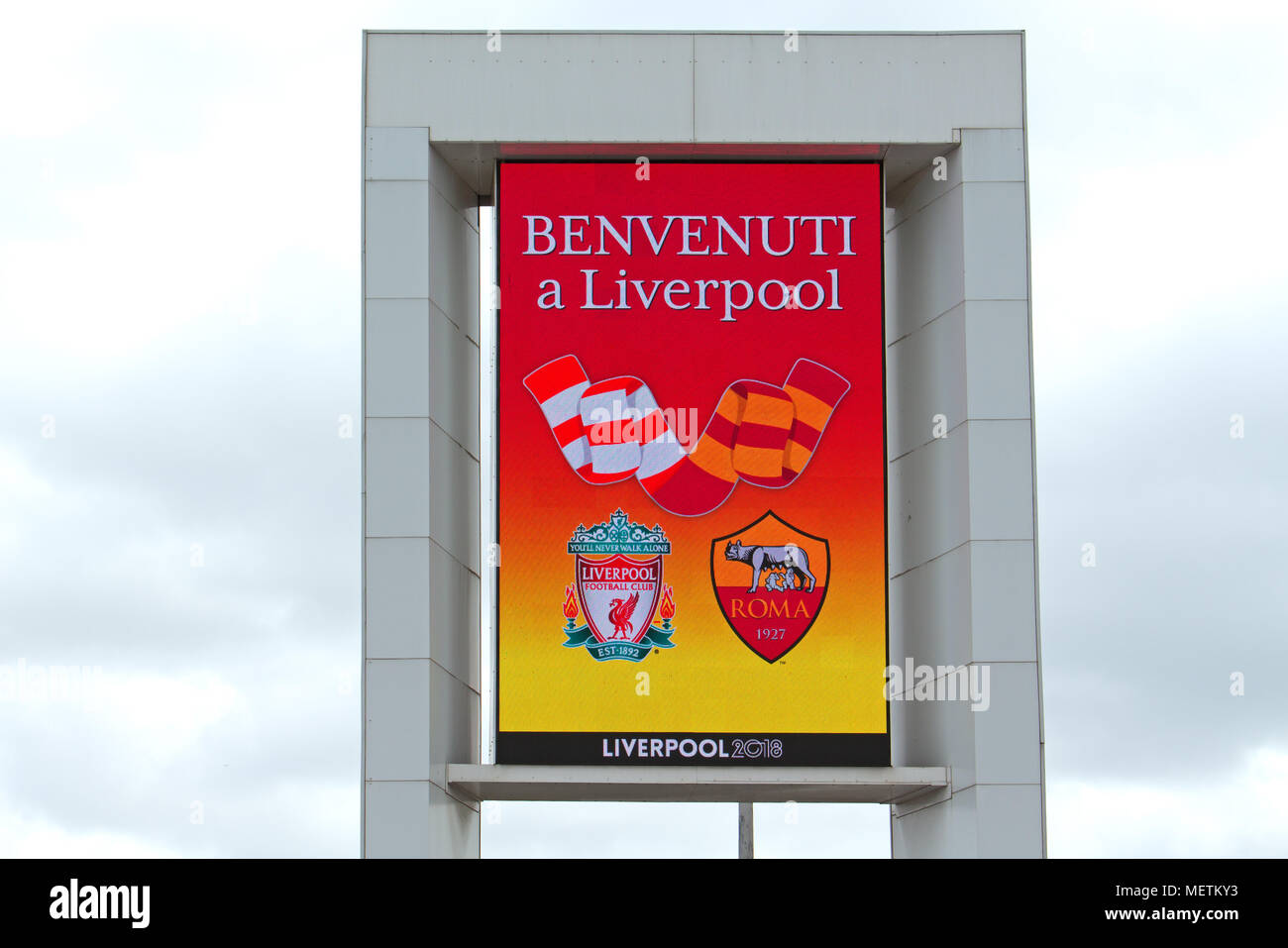 Liverpool, UK. 23rd April, 2018. Huge LCD advertising screen at the end of the M62 motorway in Liverpool welcomes Roma fans prior to their Champions League semi-final 1st leg game against Liverpool at Anfield on 24th April. Credit: ken biggs/Alamy Live News Stock Photo
