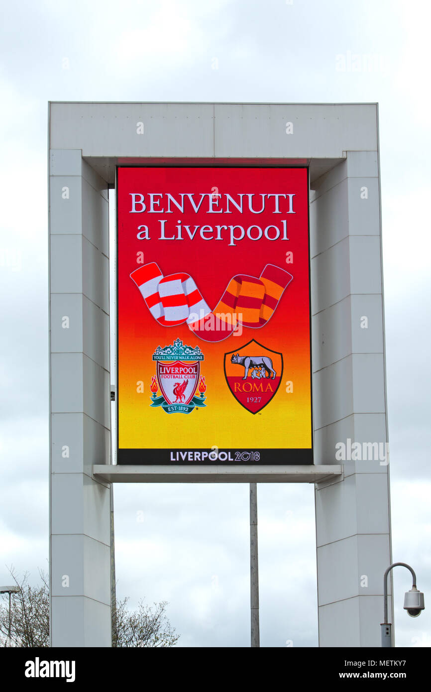 Liverpool, UK. 23rd April, 2018. Huge LCD advertising screen at the end of the M62 motorway in Liverpool welcomes Roma fans prior to their Champions League semi-final 1st leg game against Liverpool at Anfield on 24th April. Credit: ken biggs/Alamy Live News Stock Photo