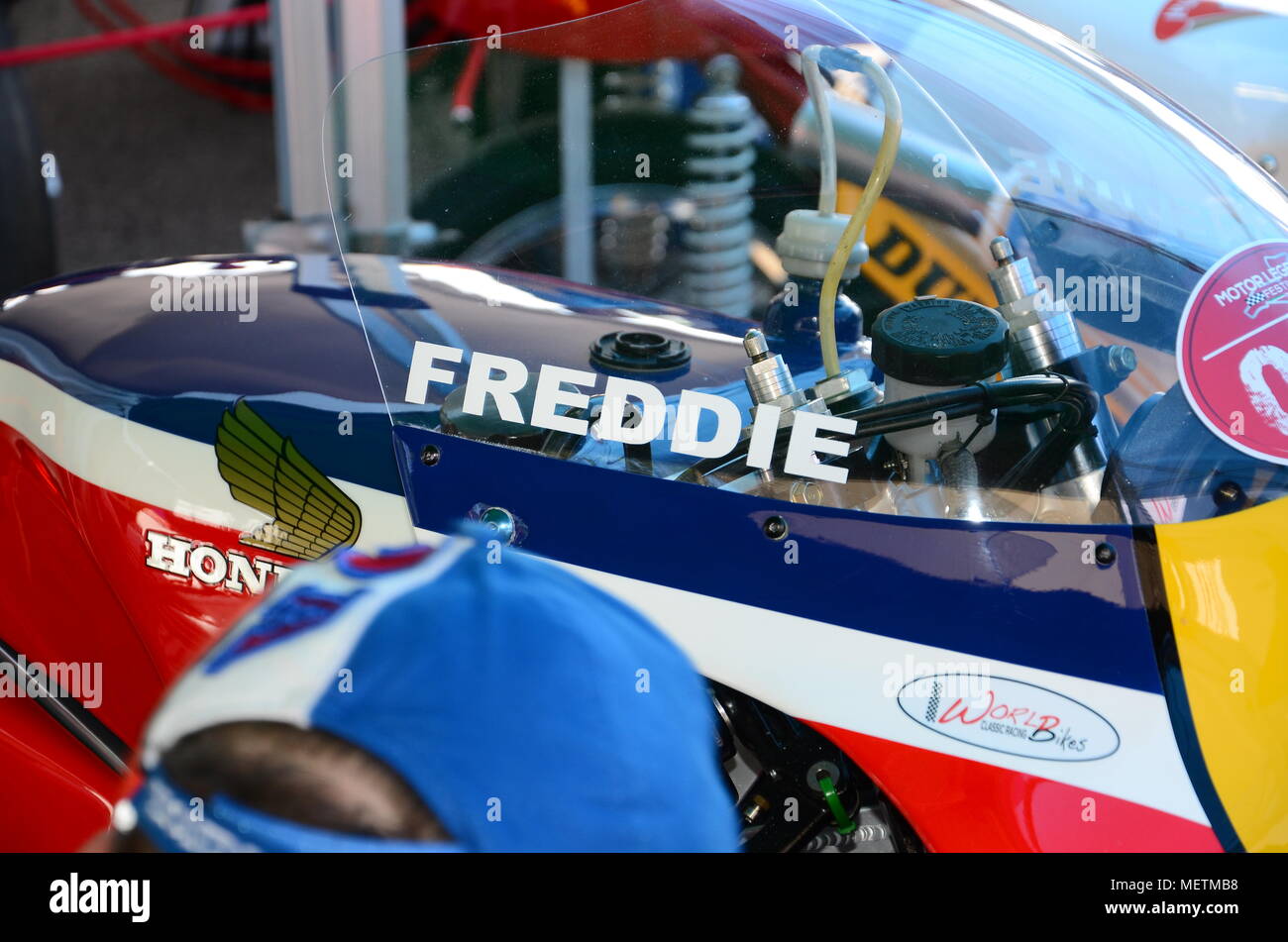 21 April 2018: Honda NSR 500 of legendary driver Freddie Spencer at Motor Legend Festival 2018 at Imola Circuit in Italy. Stock Photo