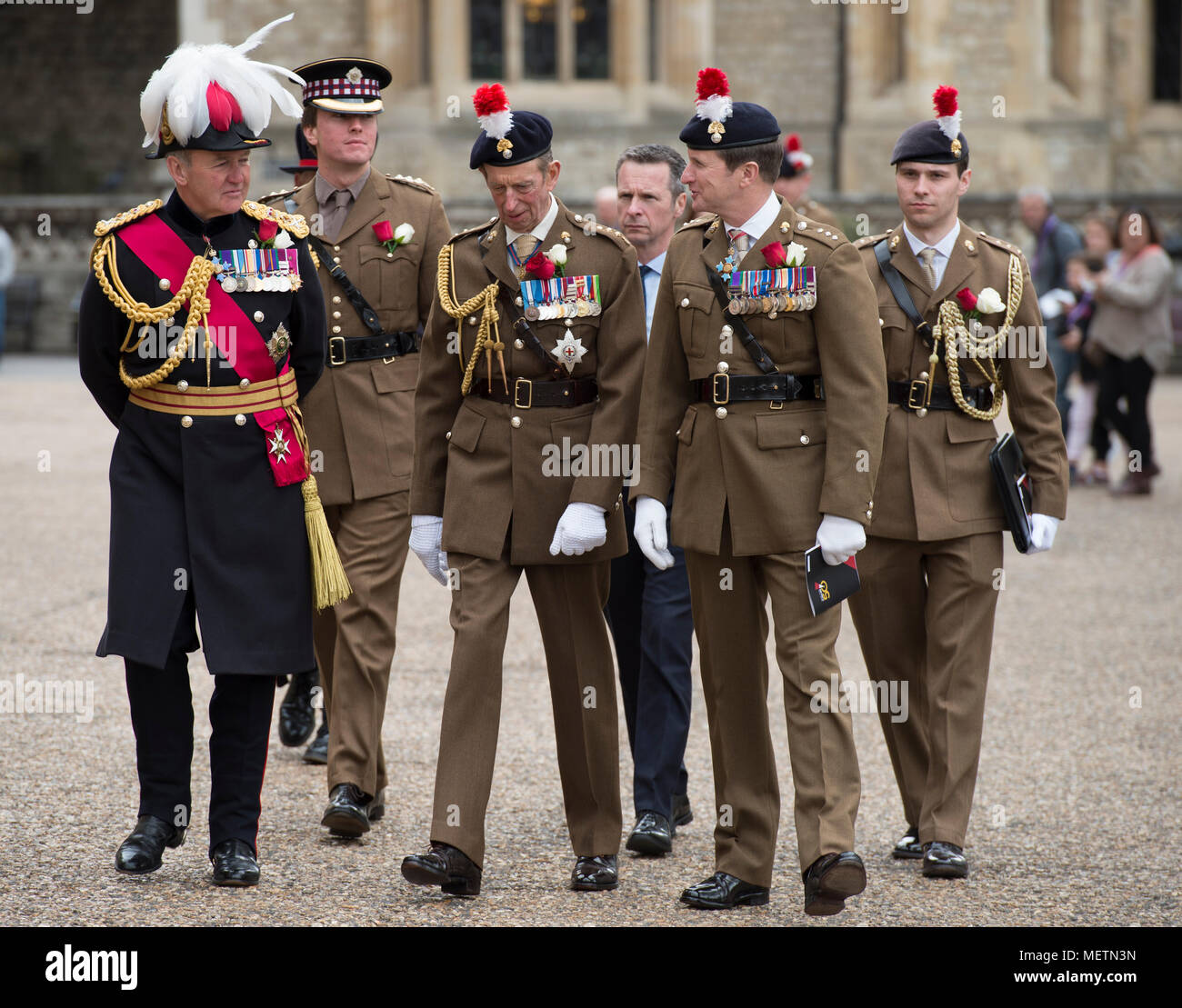 Tower of London, UK. 23 April, 2018. The Royal Regiment of Fusiliers have been granted permission to guard the Tower of London, their Regimental Headquarters, for 48 hours on their 50th anniversary with HRH the Duke of Kent, Colonel in Chief of the Fusiliers, attending a special thanksgiving service with invited guests. Credit: Malcolm Park/Alamy Live News. Stock Photo