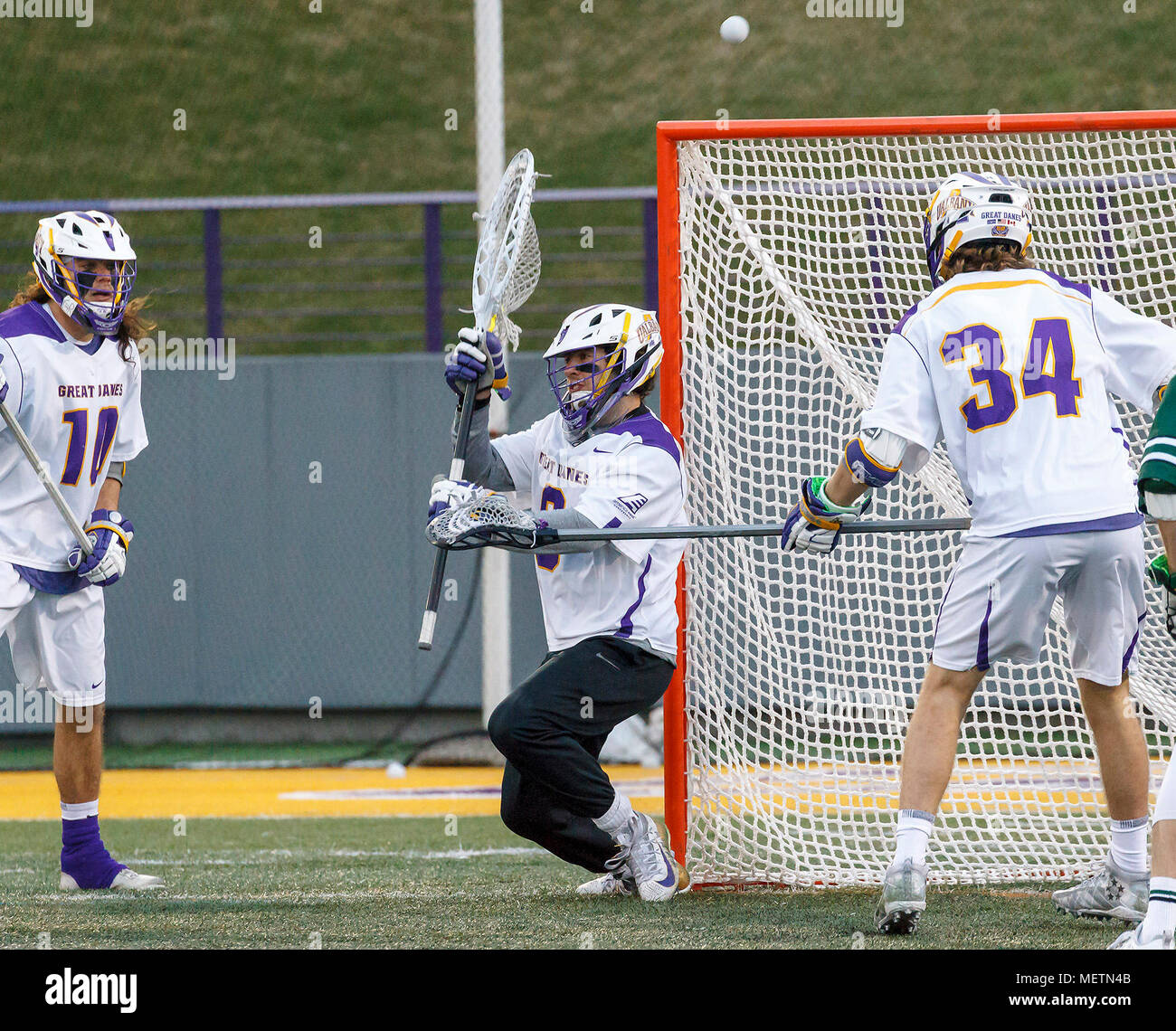 Albany, NY, USA. 20th Apr, 2018. JD Colarusso (9) makes a save as
