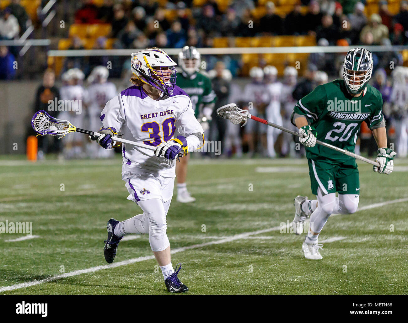 Albany, NY, USA. 20th Apr, 2018. Chris Ryan (30) on attack as UAlbany