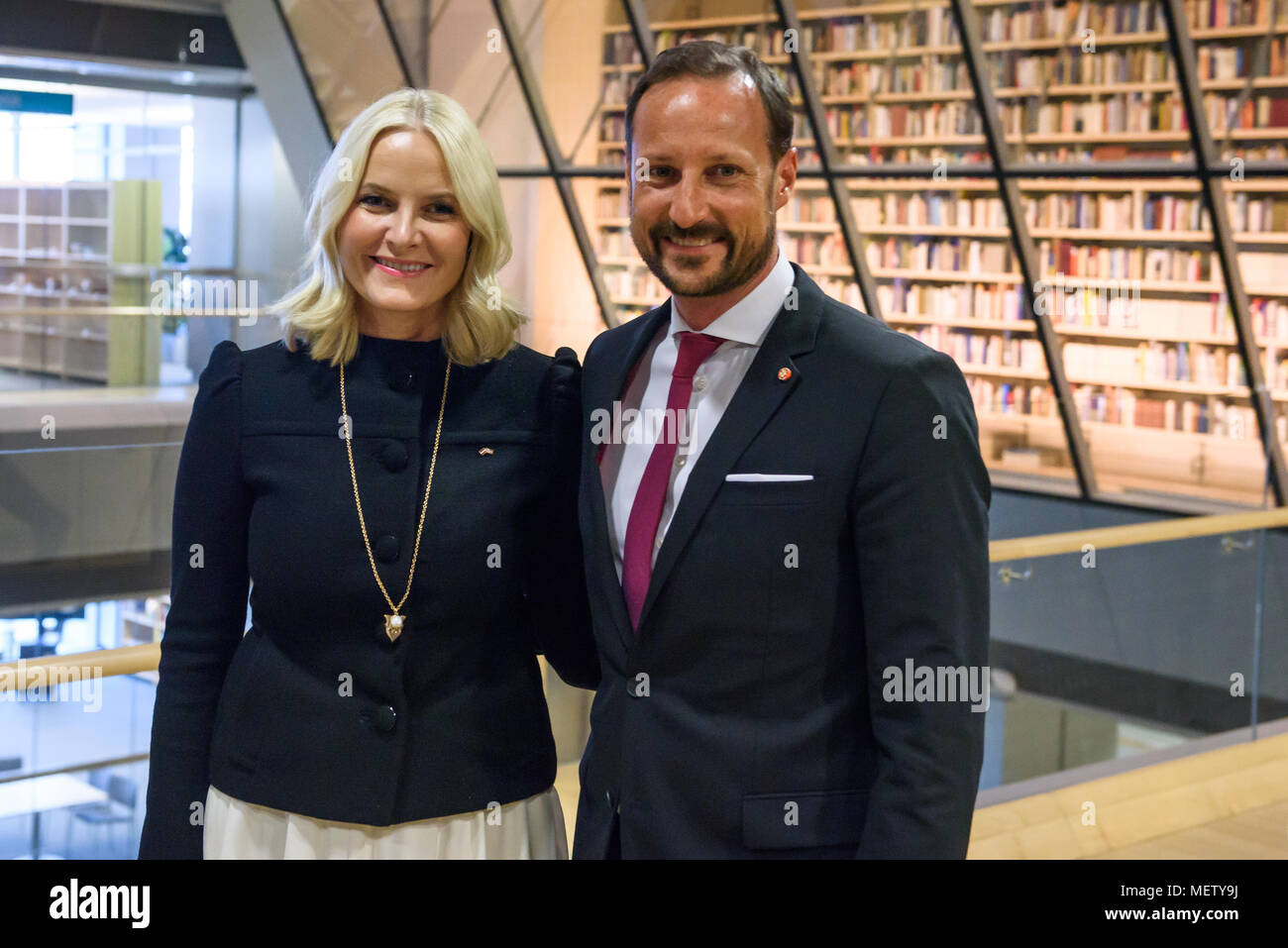 Riga, Latvia. 23rd April, 2018. Crown Prince Haakon , Crown Princess Mette-Marit of the Kingdom of Norway  at press conference in National Library of Latvia. Credit: Gints Ivuskans/Alamy Live News Stock Photo