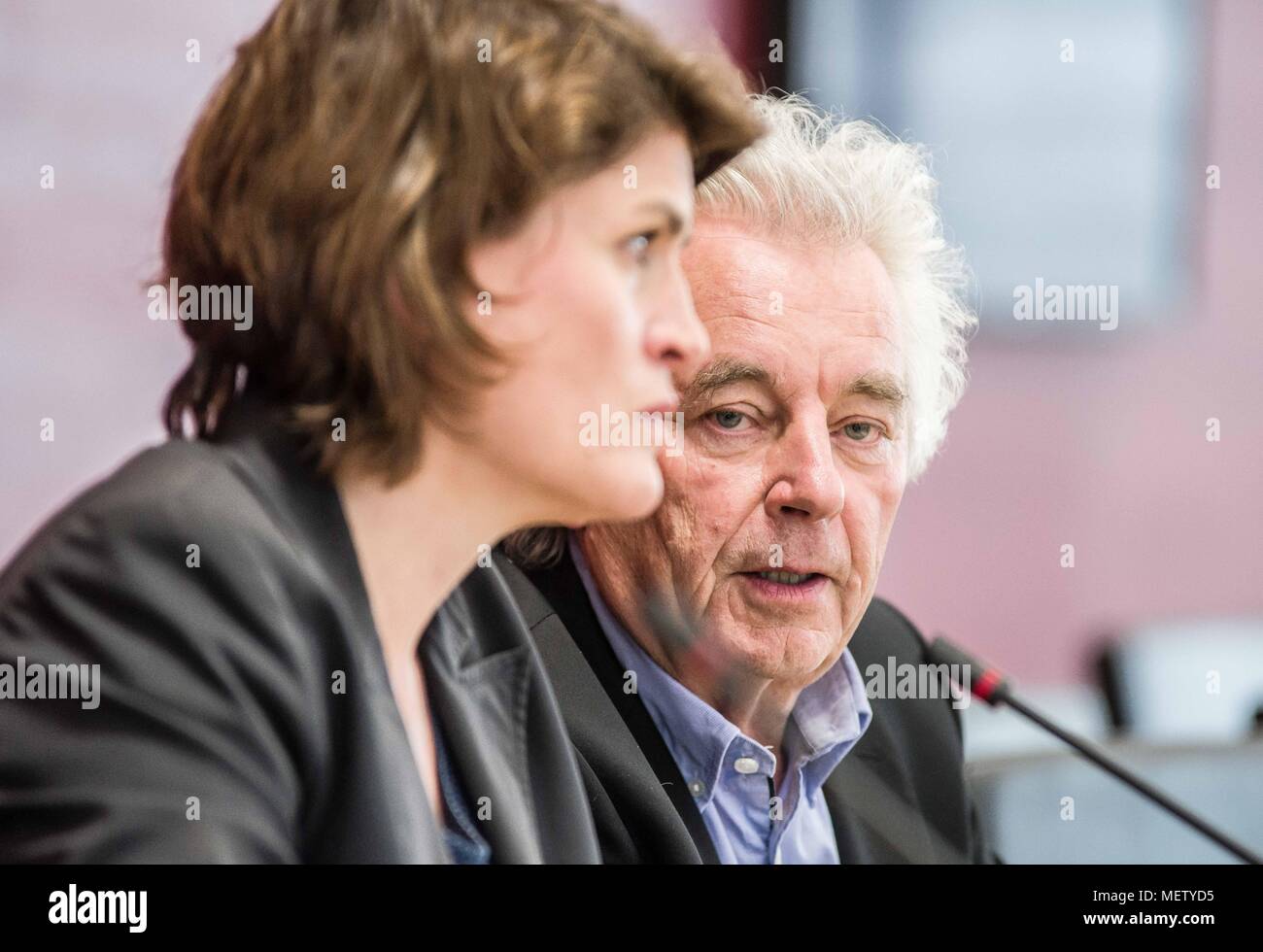 April 23, 2018 - Munich, Bavaria, Germany - Lawyer Hartmut WÃ¤chtler (Waechtler) In an event held by Landtag member Claudia Stamm (party MUT) and guest lawyer Hartmut Wachtler (WÃ¤chtler), the implications and consequences of the upcoming Polizeiaufgabengesetz (PAG) were discussed and how they pertain to normal people, activists, journalists, and those seeking mental health assistance (Bay-PsychKHG).  The PAG have been widely criticized as giving the Bavarian police powers never seen since the Gestapo in 1945.  Police will be allowed to read, edit, delete communications, open mail, wire-tap ta Stock Photo